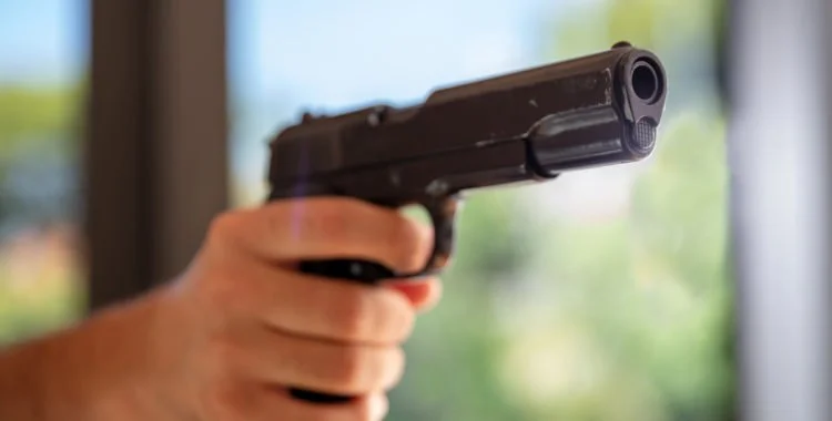 Person pointing a gun in self-defense.